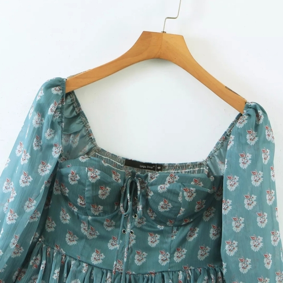 Floral Lace Up Corset Style Tiered Skirt Mini Dress with Fluted Sleeve - Picture 6 of 15